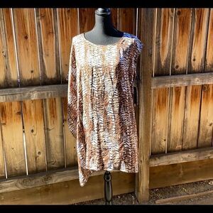 Dana Bachman blouse cold shoulder brown black tan geometric belted batwing Large